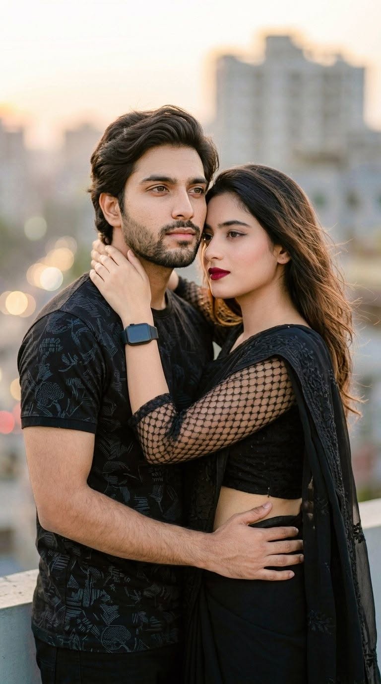 Create an ultra cinematic romantic portrait of a young couple in an intimate emb — DALL-E AI Prompt