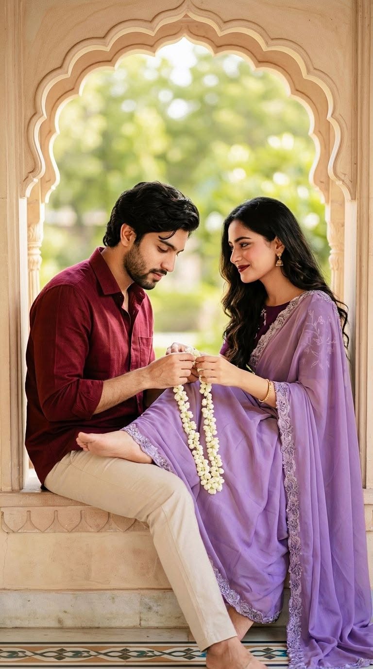 Create an ultra realistic romantic couple portrait, south Asian heritage setting — DALL-E AI Image Prompt