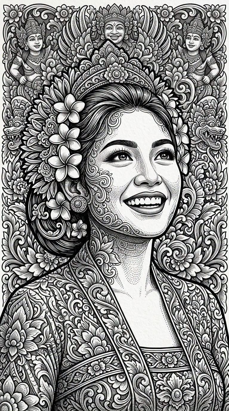 Close-up portrait seorang wanita tersenyum cerah dengan tatapan ke atas, mempert — Google Gemini AI Prompt