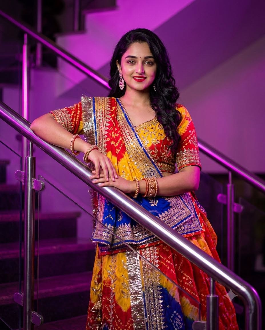 Create an image in 4:5 aspect ratio oA stunning young South Asian woman gracefully leaning on a slee