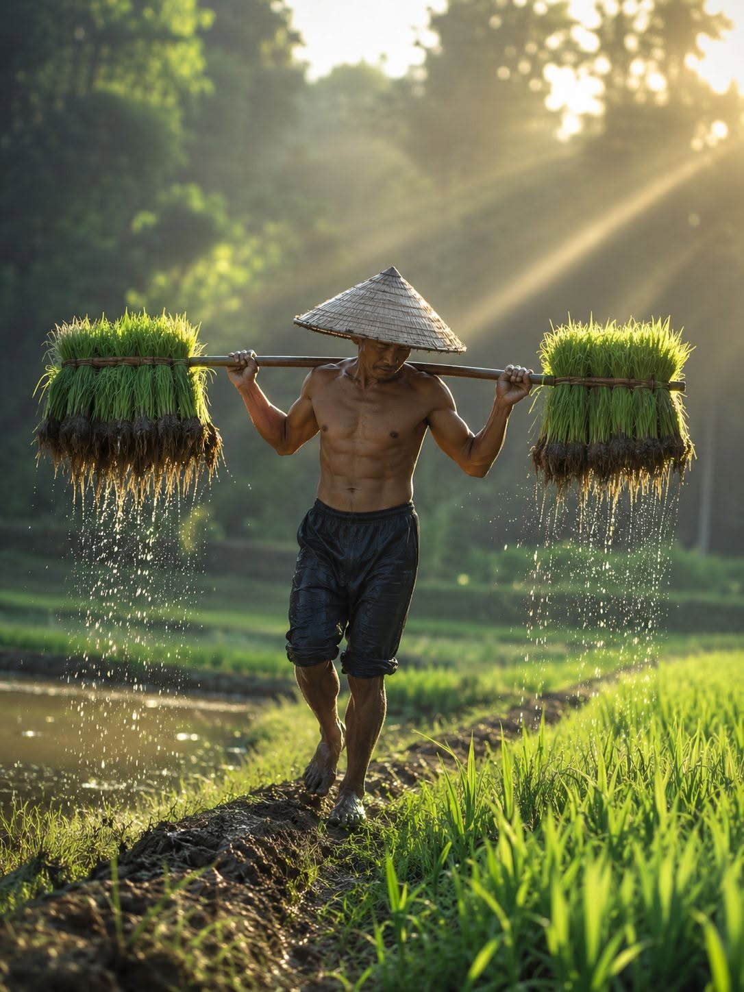 A farmer wearing a conical straw hat carries a wooden pole balanced across his s — DALL-E AI Prompt