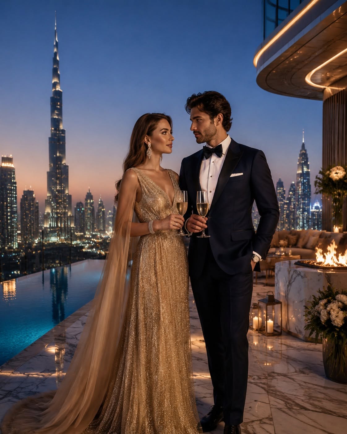 Ultra-realistic cinematic editorial photography of an elegant luxury couple at a — DALL-E AI Prompt