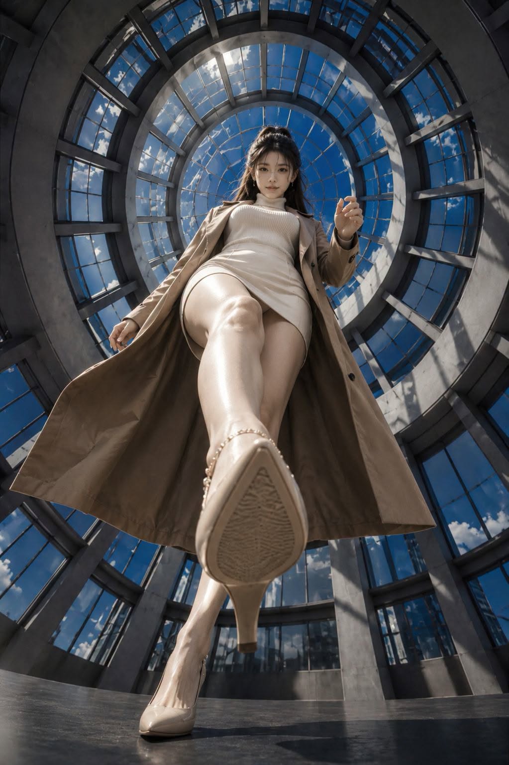 Ultra-Realistic Cinematic IMAX 70mm Fashion Portrait – “Monumental Stride Beneath the Grand Glass At
