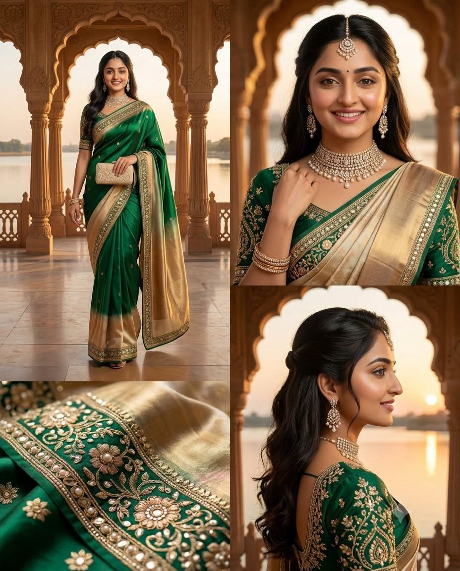 Create an ultra-photorealistic luxury Indian fashion editorial collage featuring — DALL-E AI Prompt
