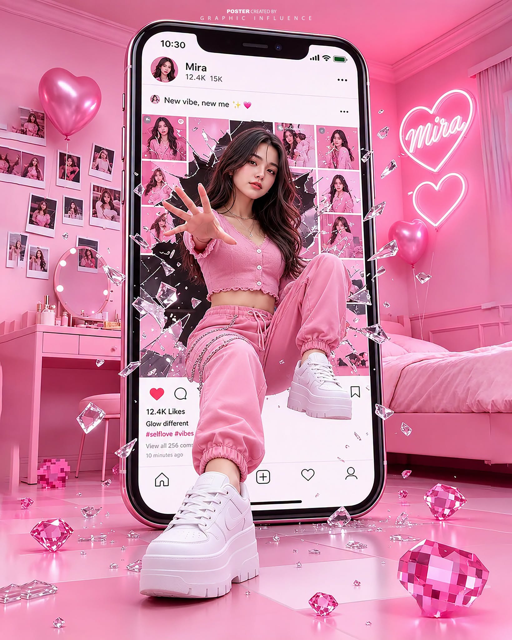 \"A hyper-realistic, cinematic 3D social media poster of a stylish young woman d — DALL-E AI Prompt