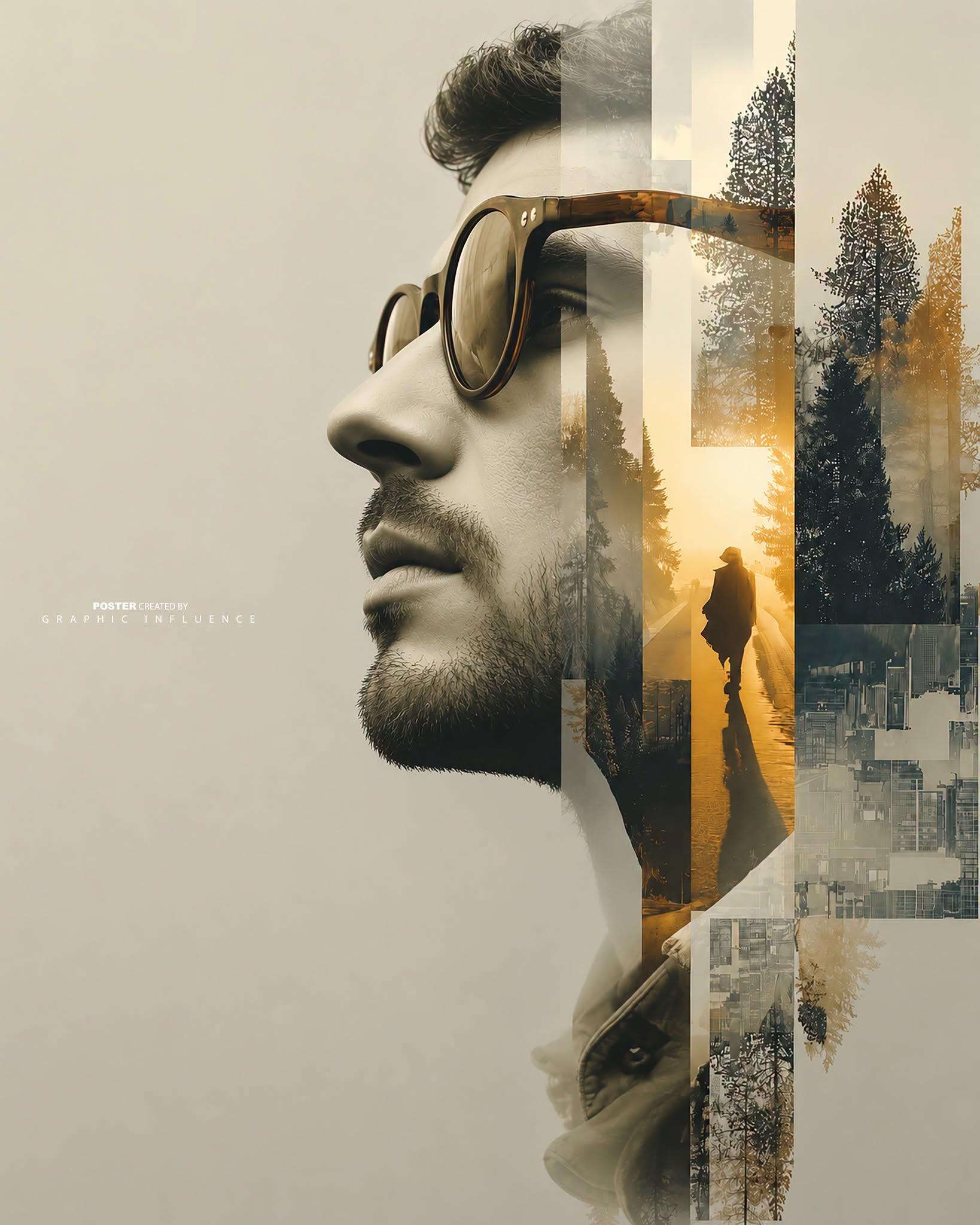 A surreal double exposure portrait of a young man in side profile facing left, w — DALL-E AI Prompt
