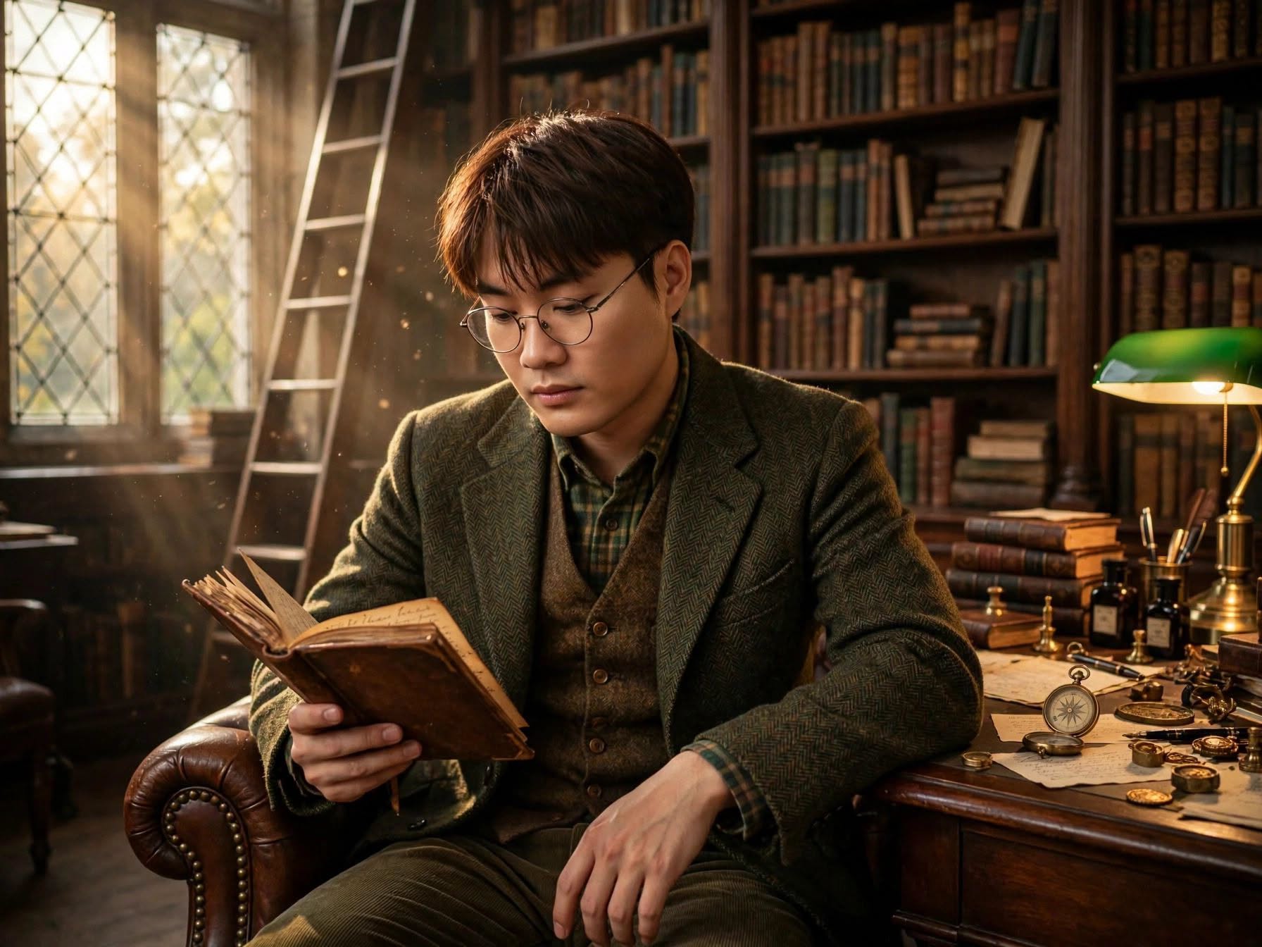 Cinematic editorial portrait of a wise Asian male scholar in his late 20s, same  — DALL-E AI Prompt