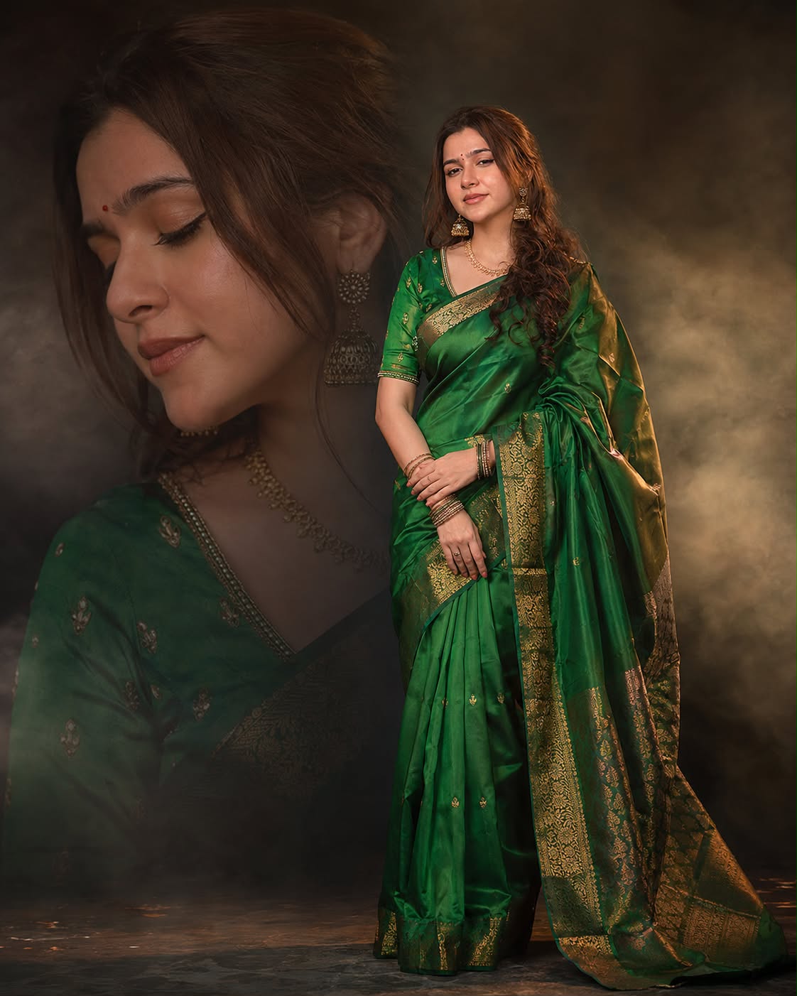 REALISTIC PORTRAIT OF A BEAUTIFUL WOMAN, LONG WAVY HAIR, WEARING A BRIGHT GREEN  — Google Gemini AI Image Prompt