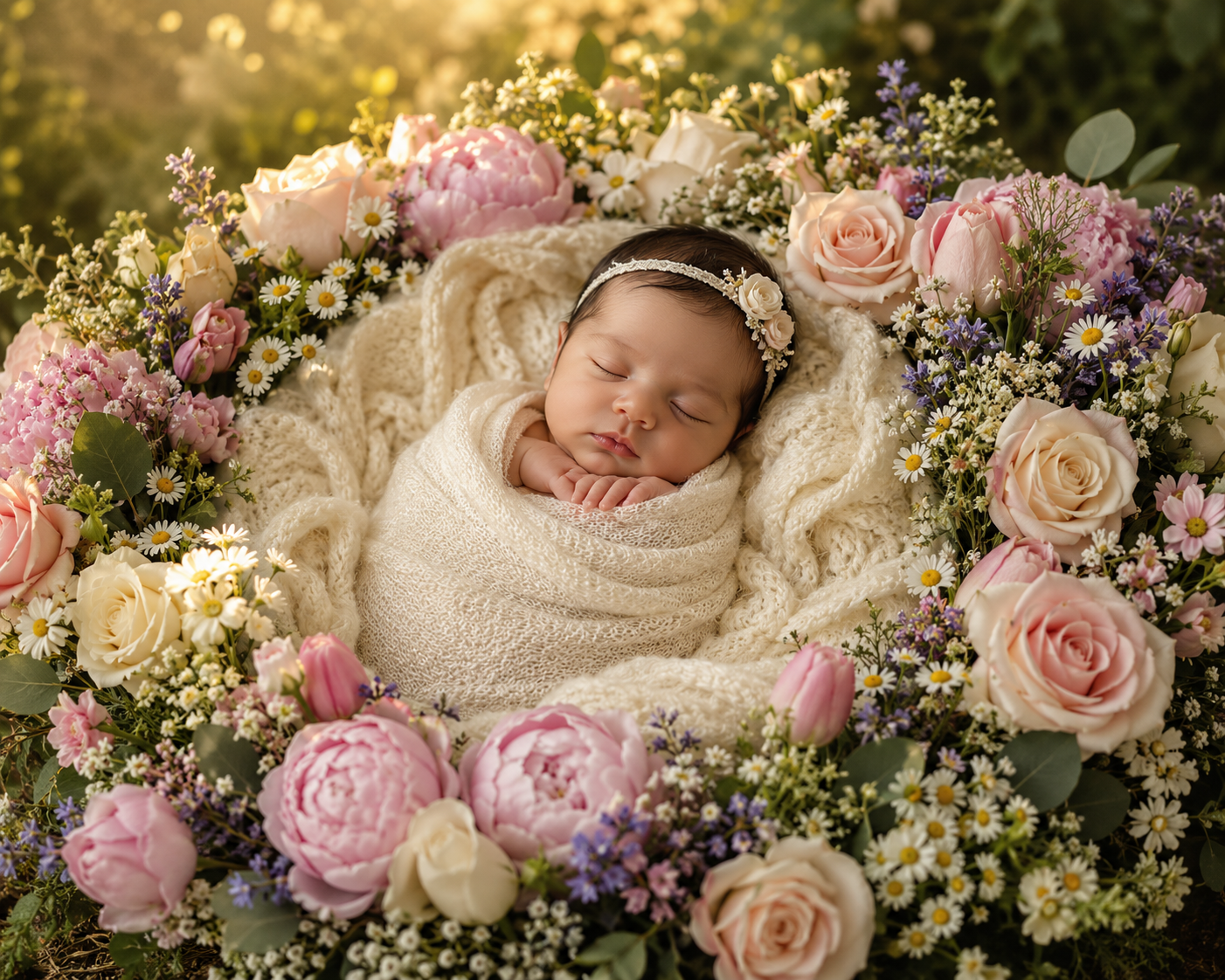 Generate an enchanting newborn floral portrait using [BABY\'S PHOTO], preserving — DALL-E AI Image Prompt