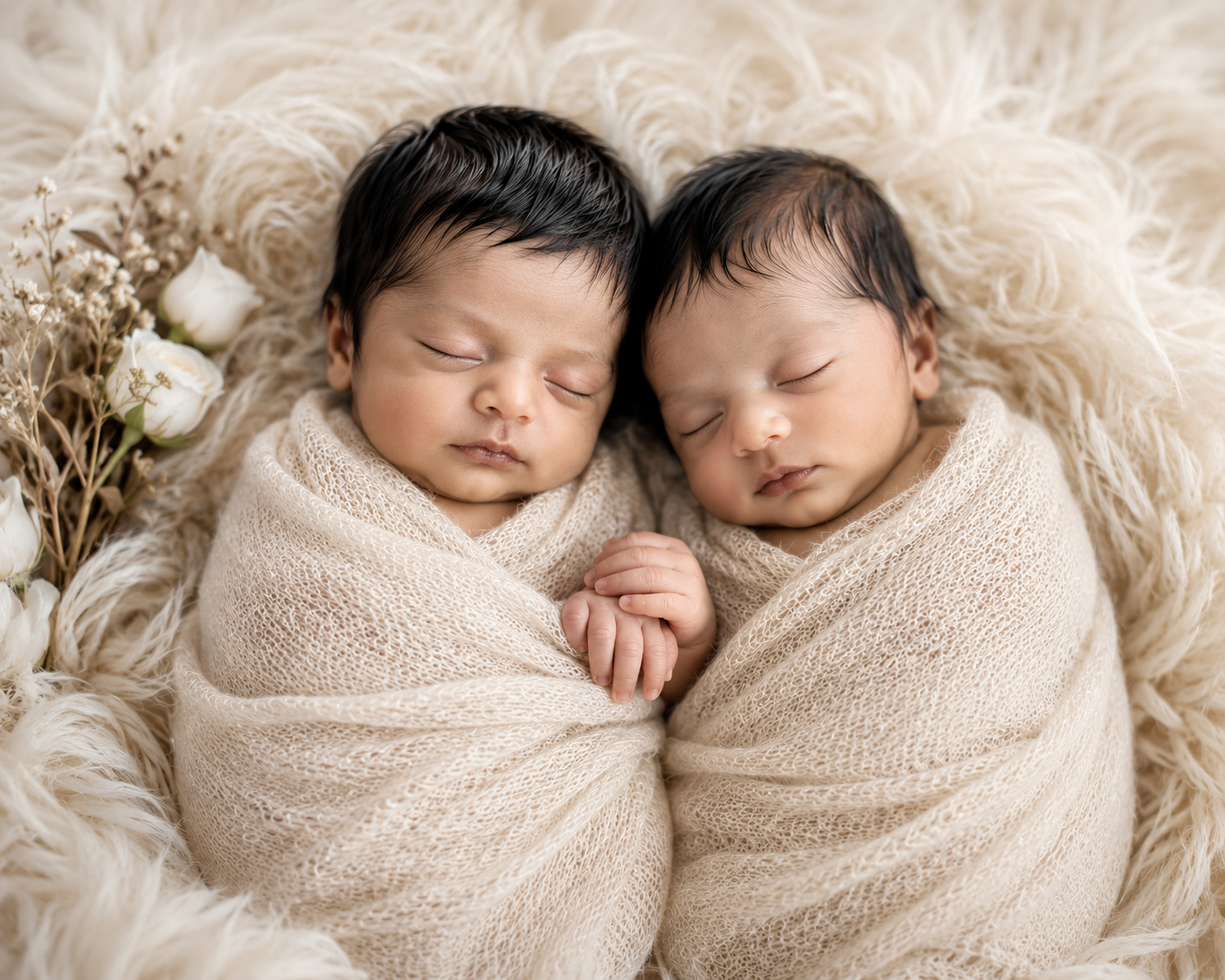 Generate a professional twin newborn portrait using **[BABY 1 PHOTO]** and **[BA — DALL-E AI Image Prompt