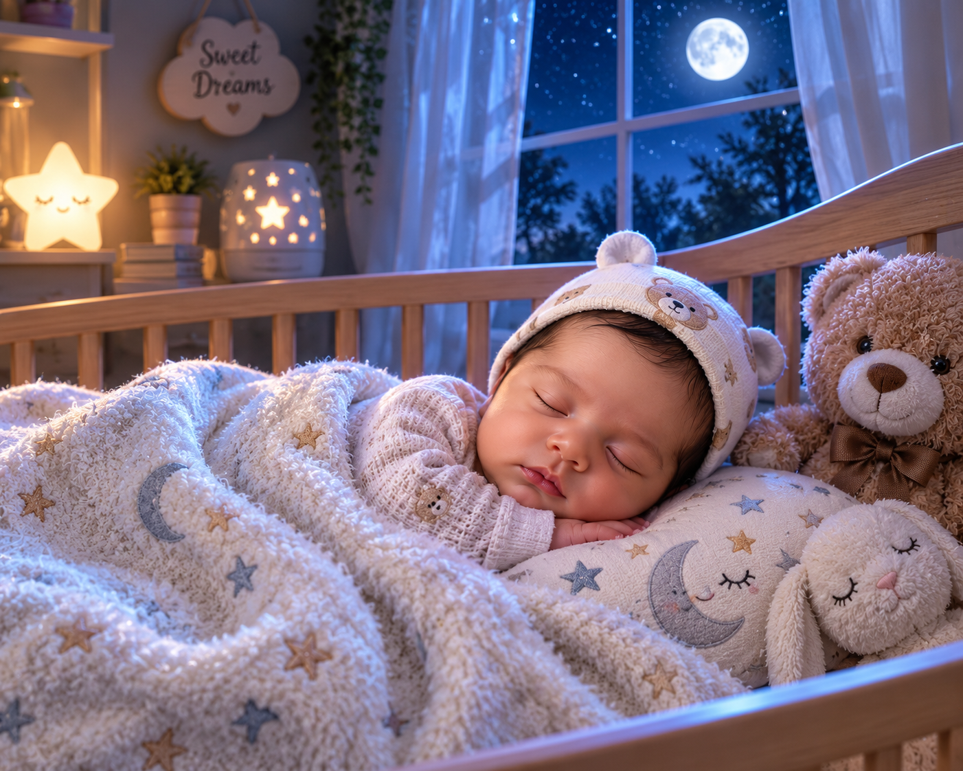 Create a peaceful nighttime newborn portrait using [BABY\'S PHOTO], preserving e — DALL-E AI Image Prompt