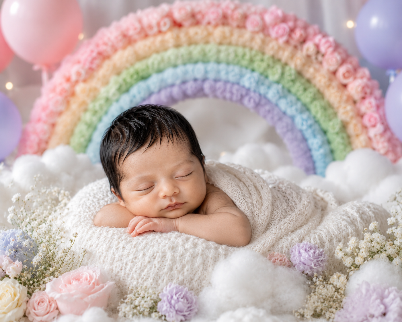 Create an emotional rainbow baby portrait using **[BABY\'S PHOTO]**, preserving  — Google Gemini AI Image Prompt
