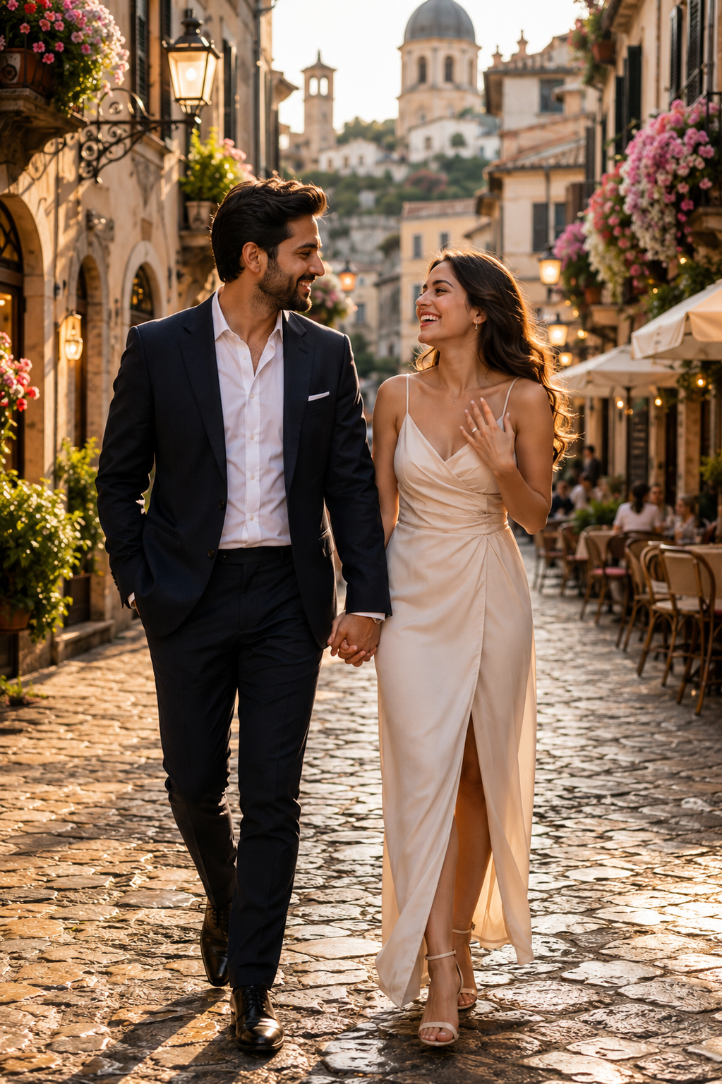 Generate an elegant European-inspired engagement portrait using [UPLOAD PERSON 1 — DALL-E AI Prompt