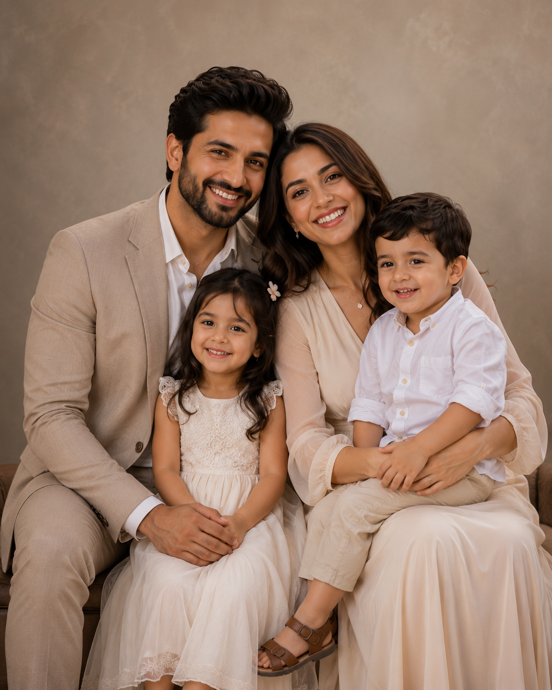 Create a timeless luxury studio family portrait using [UPLOAD FAMILY PHOTO(S)].  — DALL-E AI Prompt