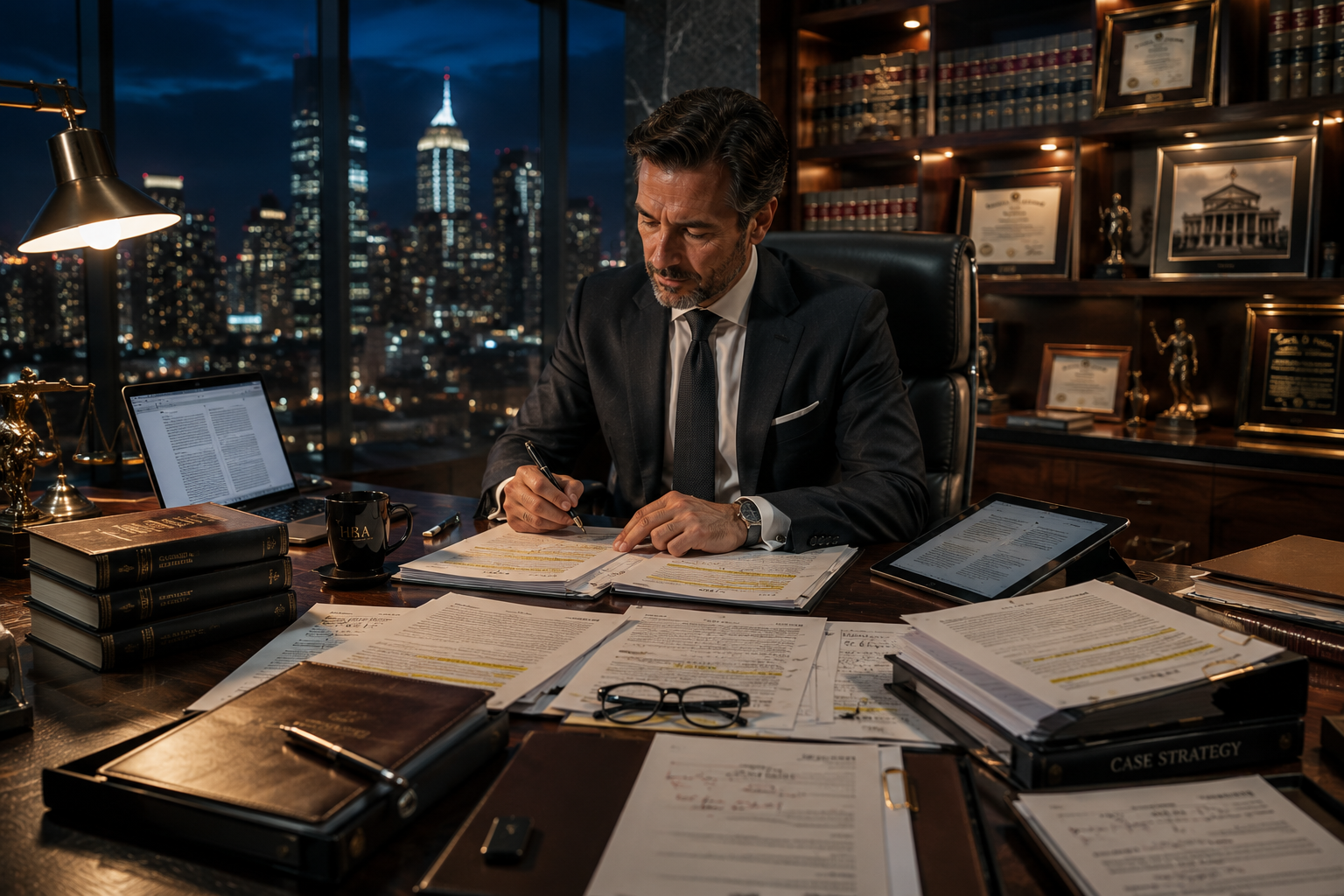 Create an ultra-realistic cinematic evening scene of an elite attorney working l — DALL-E AI Image Prompt