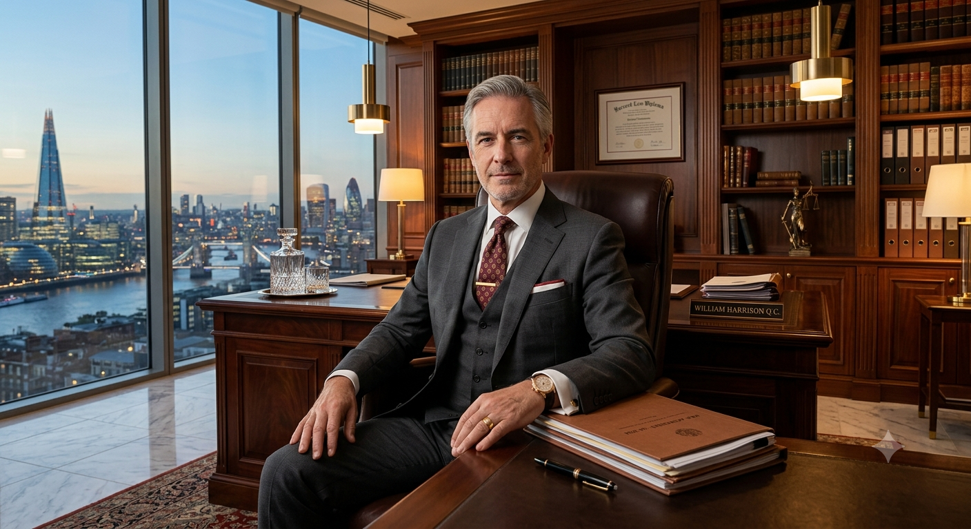 Generate an elegant portrait of a successful senior attorney seated inside a lux — Google Gemini AI Image Prompt
