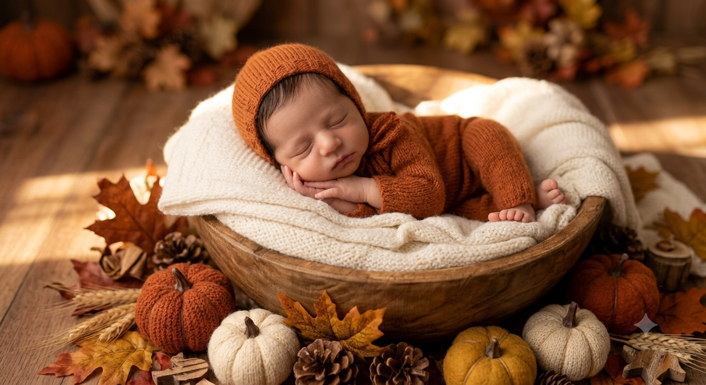 Generate a luxury autumn-themed newborn portrait using [BABY\'S PHOTO], keeping  — Google Gemini AI Image Prompt