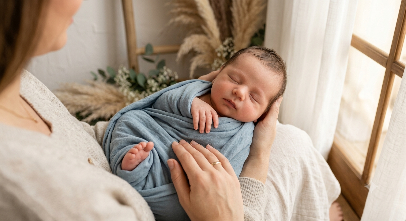 Generate a heartwarming lifestyle newborn portrait using [BABY\'S PHOTO], mainta — Google Gemini AI Image Prompt