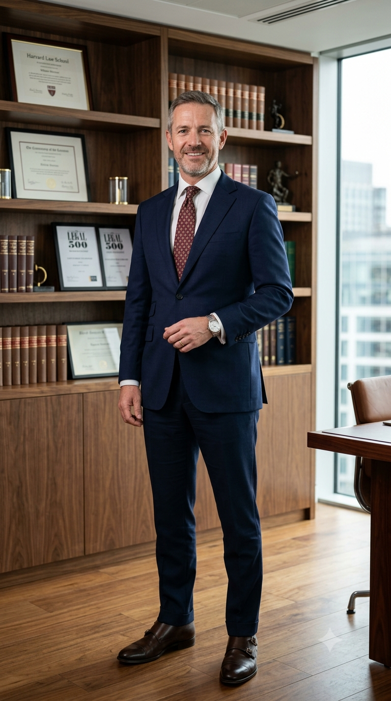 Create a high-end corporate lawyer headshot of an experienced attorney standing  — Google Gemini AI Image Prompt