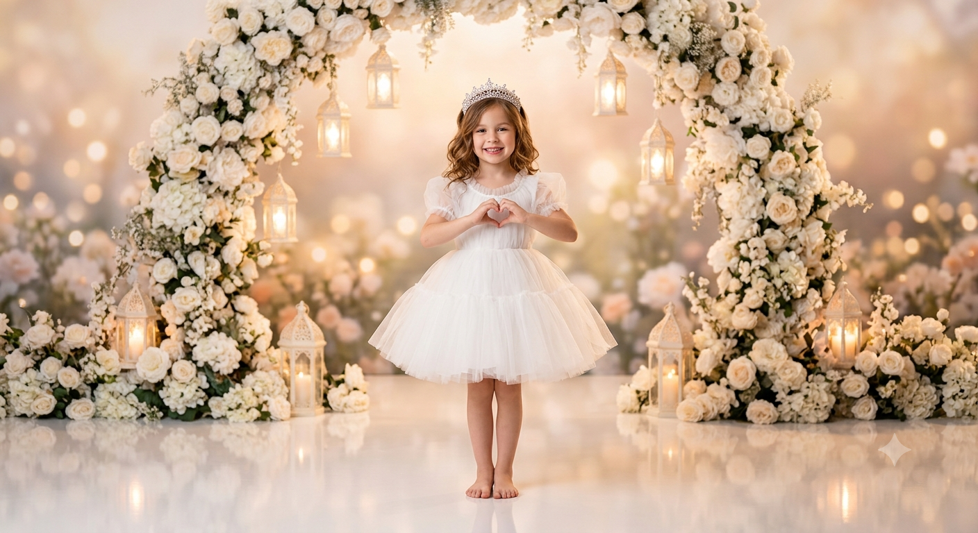 A young girl smiling happily with natural wavy hair adorned with sparkling tiara — Google Gemini AI Image Prompt
