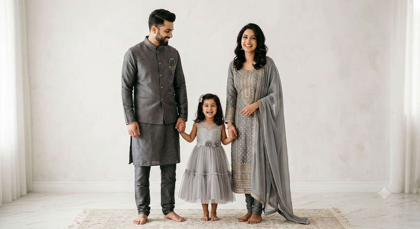 Ultra-realistic premium family portrait of a happy young Indian family, handsome — Google Gemini AI Image Prompt