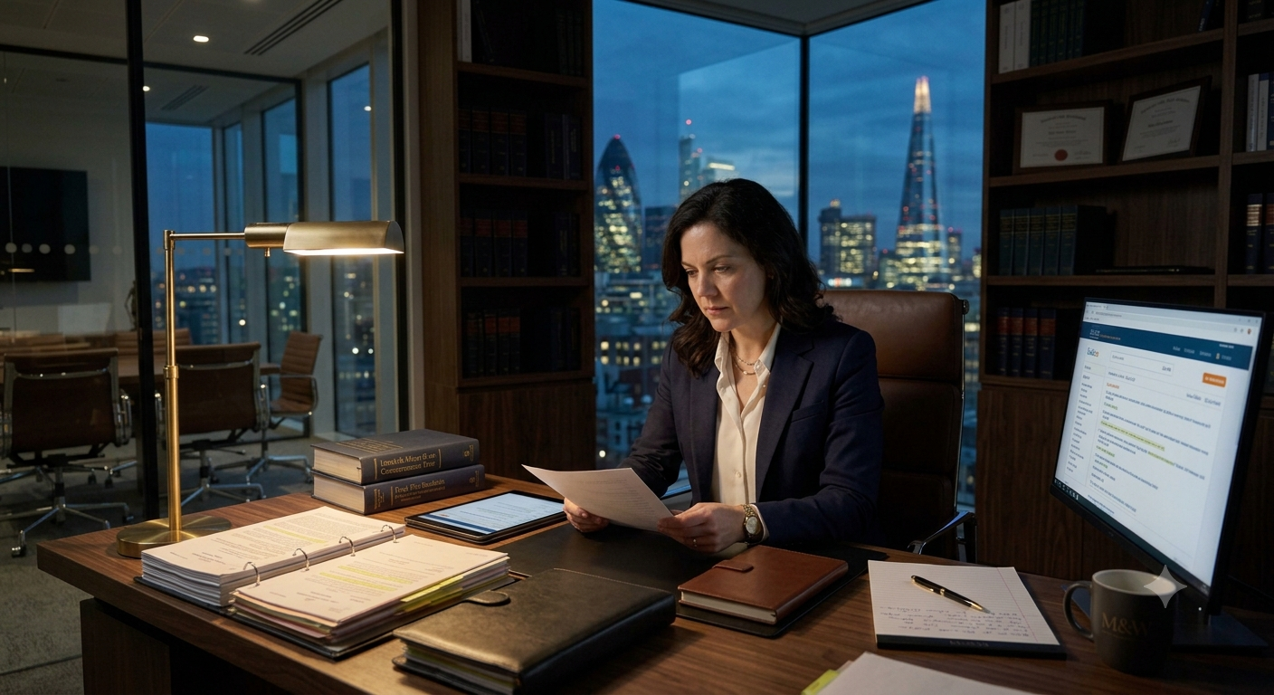 Generate a cinematic evening scene showing a dedicated attorney working late ins — Google Gemini AI Image Prompt