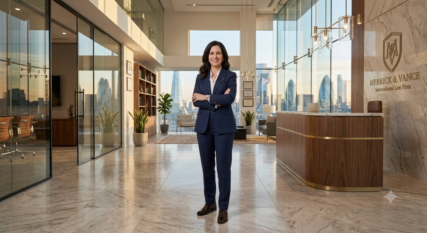 Design a premium branding image for an international corporate law firm featurin — Google Gemini AI Image Prompt