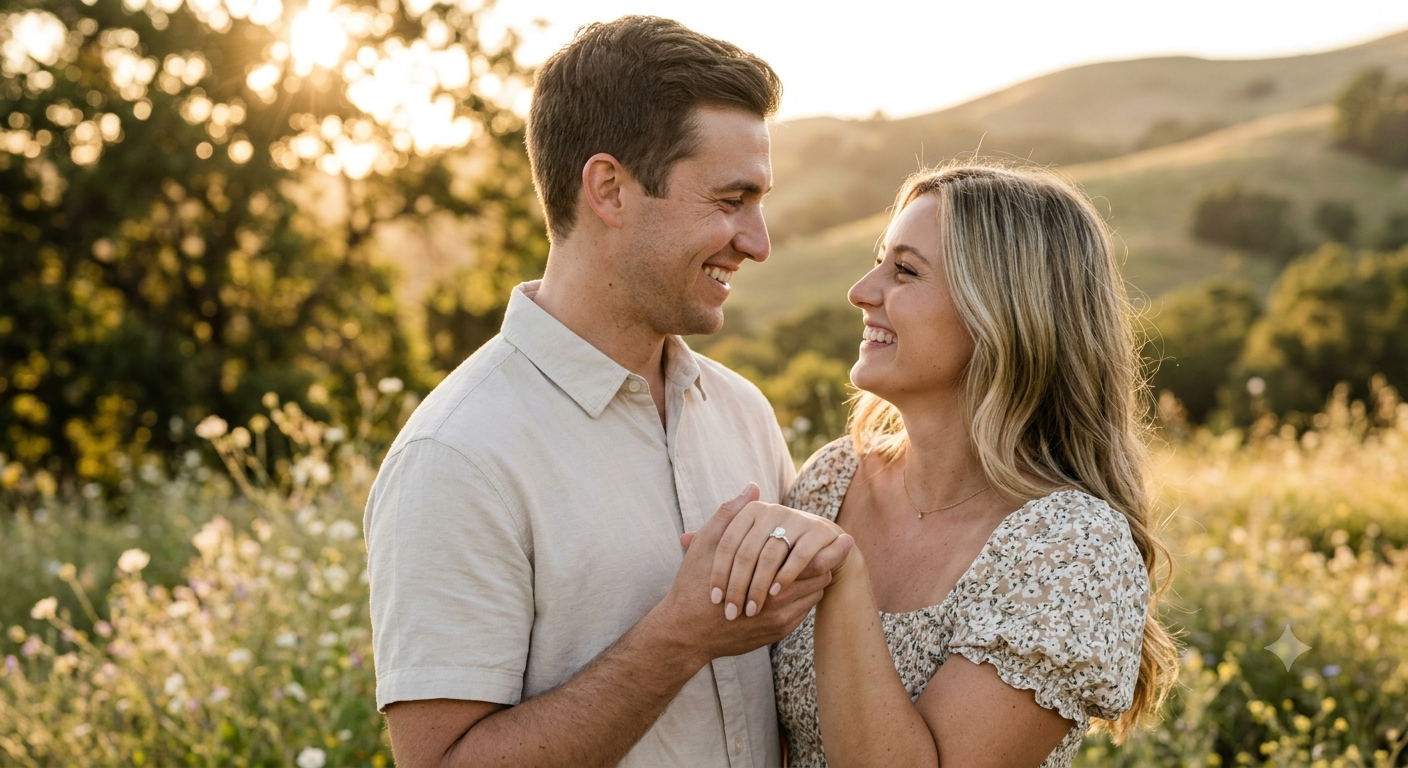 Create a breathtaking engagement portrait using [UPLOAD PERSON 1 PHOTO] and [UPL — Google Gemini AI Prompt