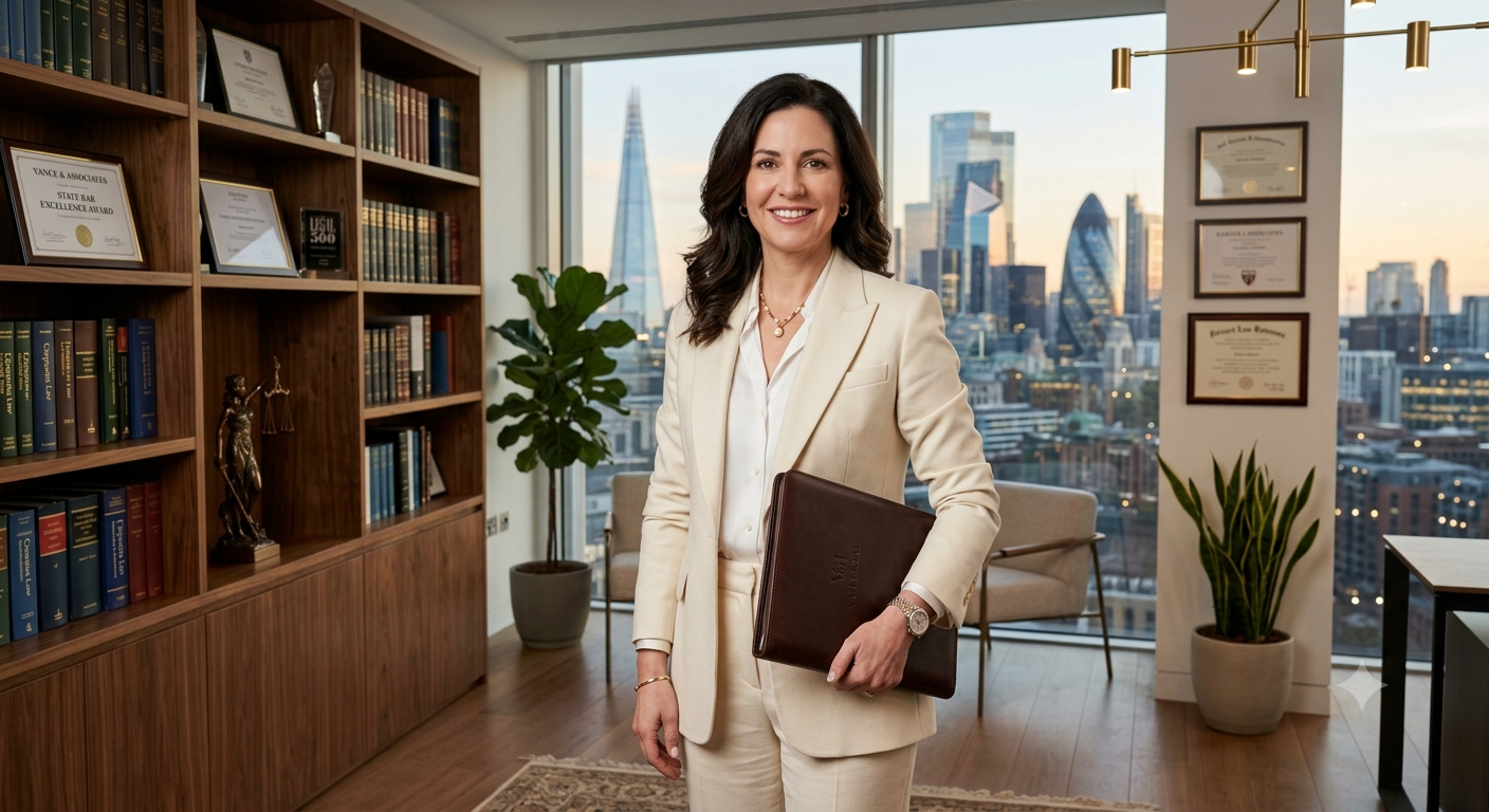 Produce a premium leadership portrait of a successful female attorney standing c — Google Gemini AI Image Prompt