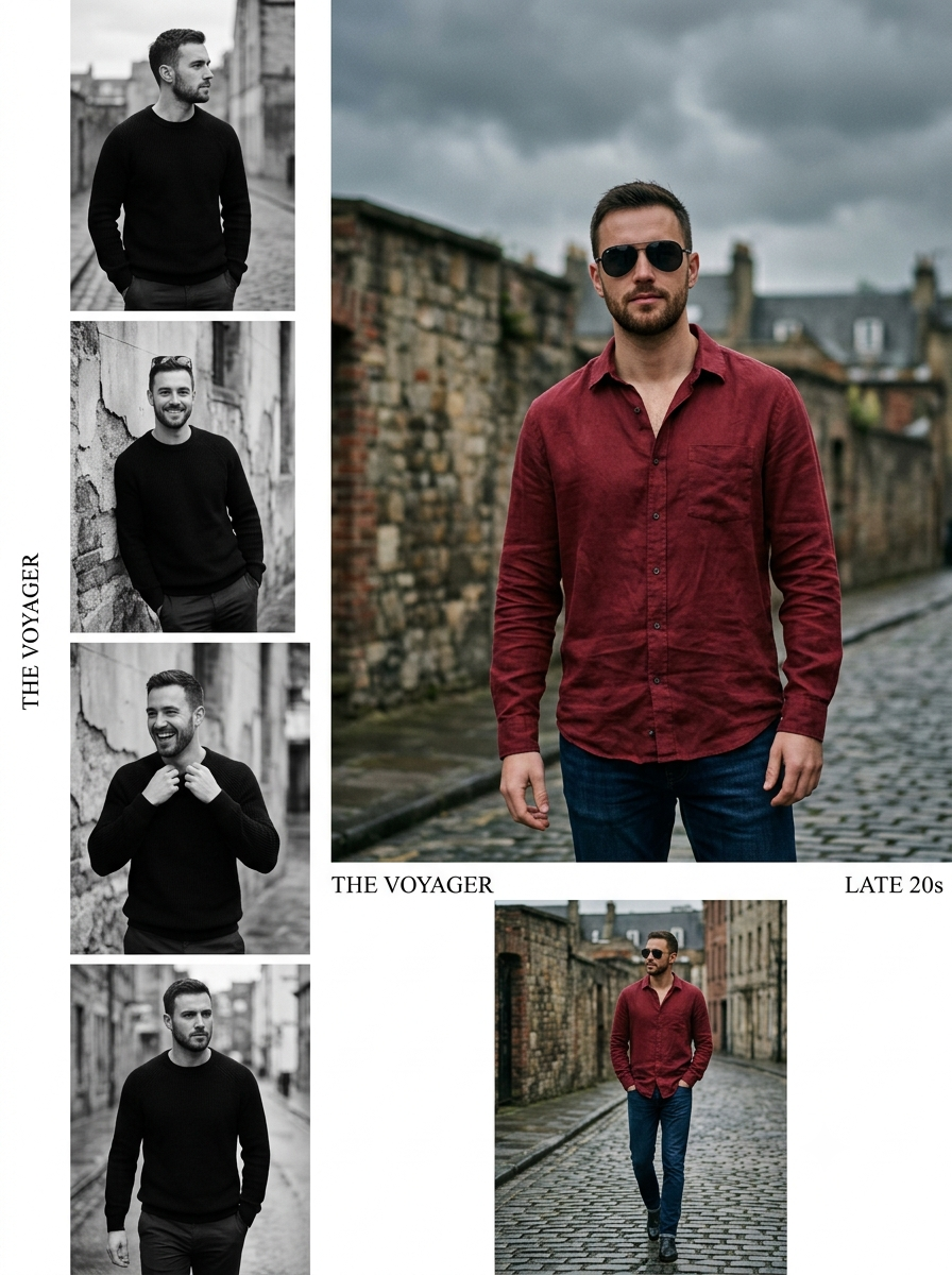 A cinematic, ultra-realistic multi-shot portrait collage of a stylish man in his — Google Gemini AI Prompt