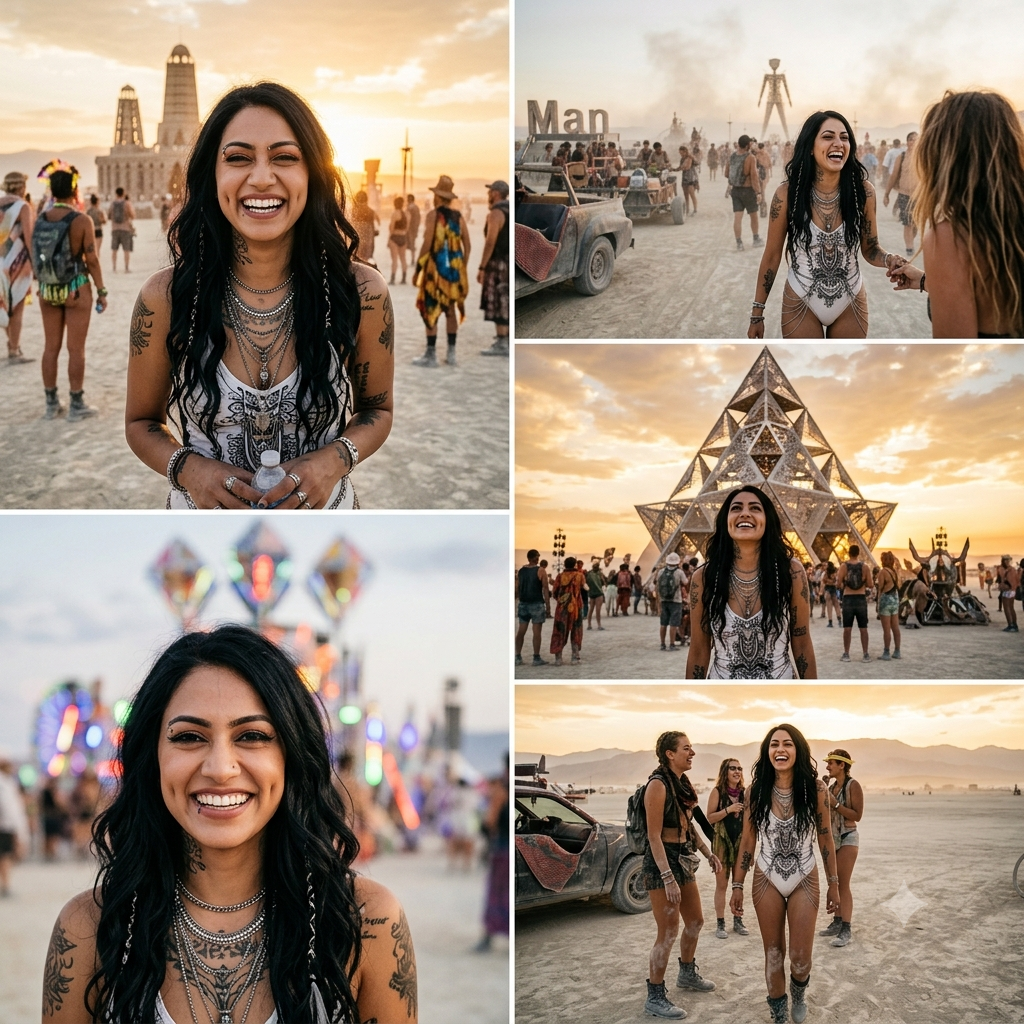 A candid, high-resolution collage of five photos capturing a smiling young woman — Google Gemini AI Prompt