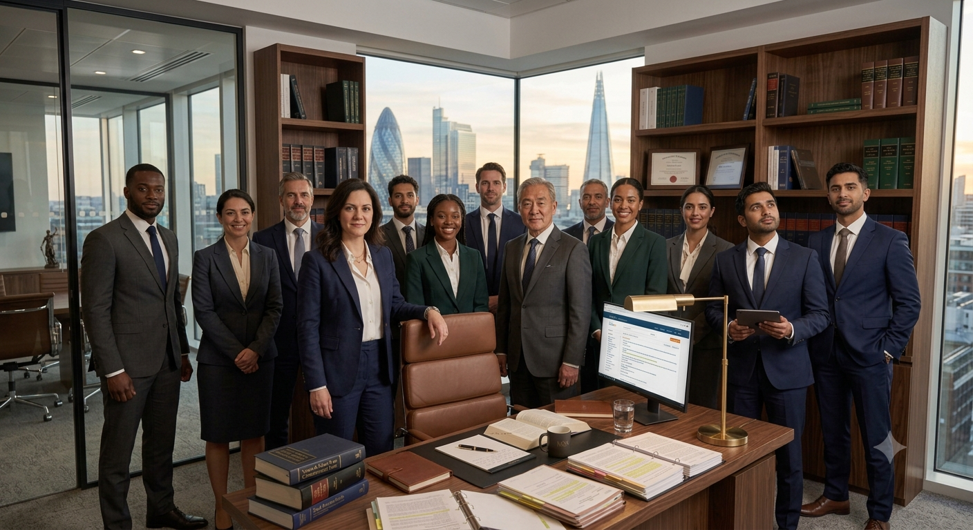 Create a professional team portrait featuring diverse attorneys standing togethe — Google Gemini AI Image Prompt