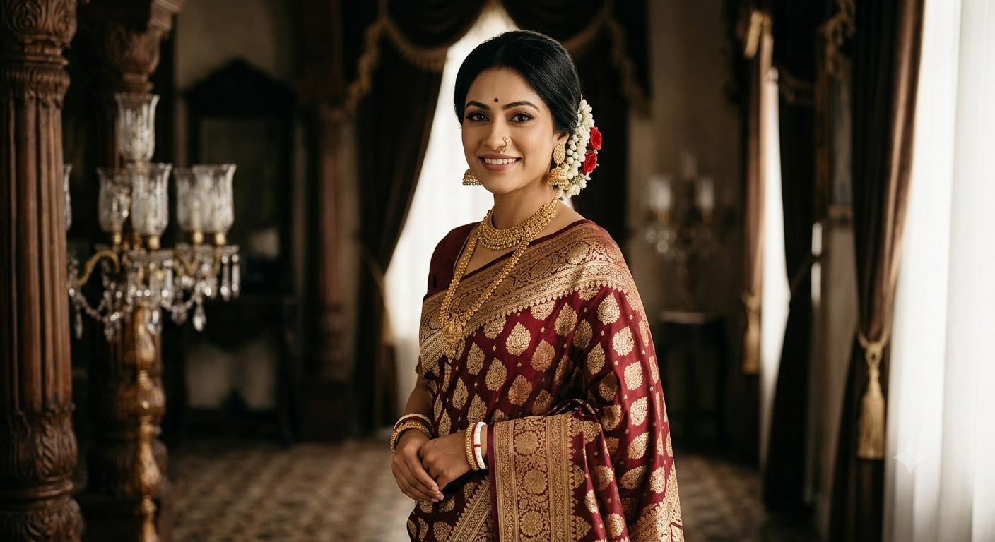 Luxury Cinematic Bengali Saree Portrait Prompt. Use the uploaded image as the ON — Google Gemini AI Prompt