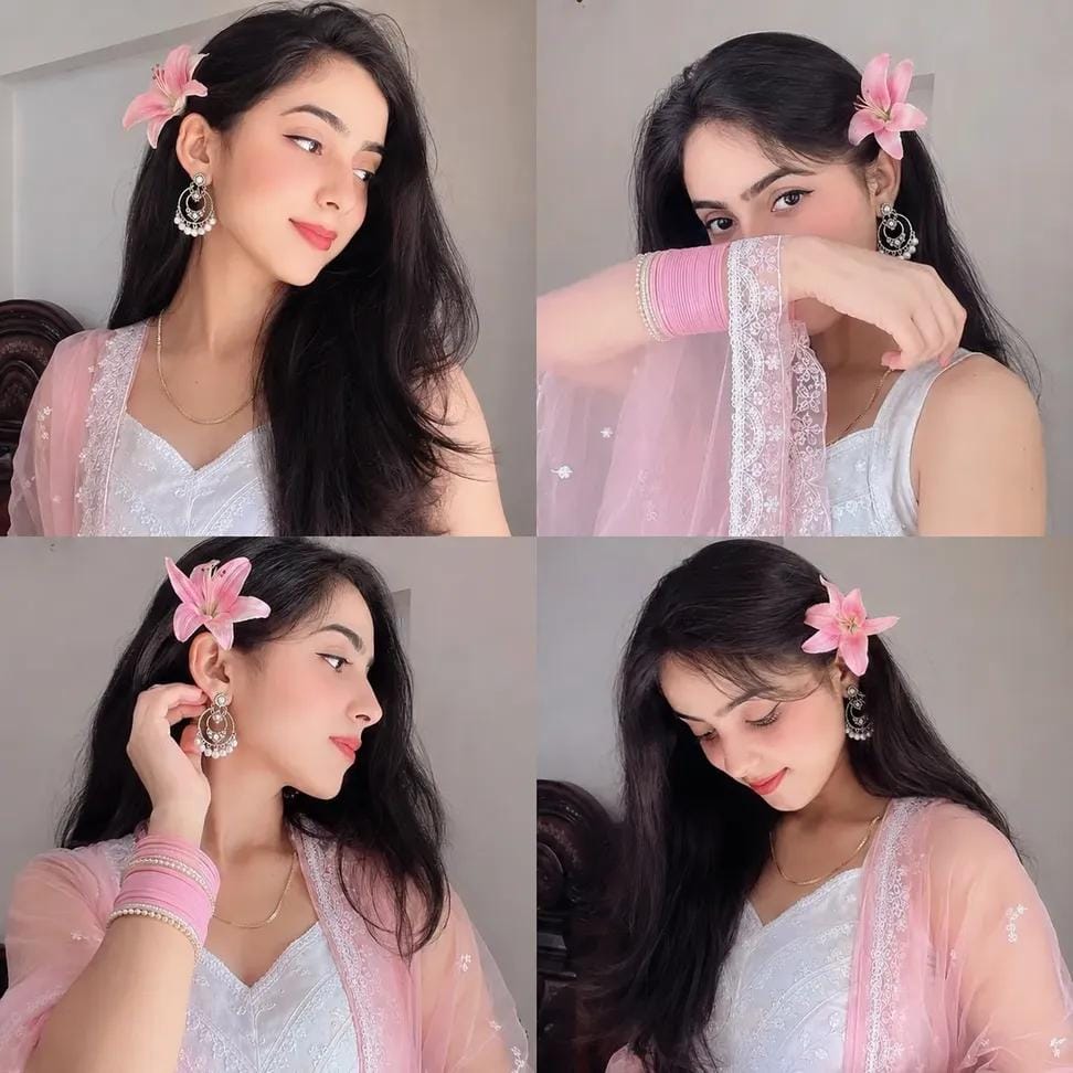 Create an image Create a 2×2 photo collage of a beautiful young Indian woman wit — DALL-E AI Prompt