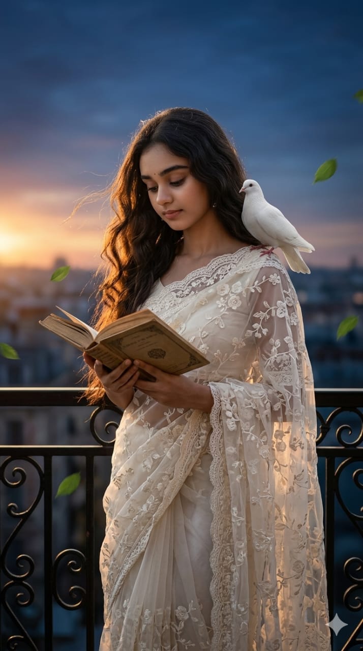 Ultra-hyperrealistic cinematic portrait of a graceful young Indian woman standing on an ornate balco