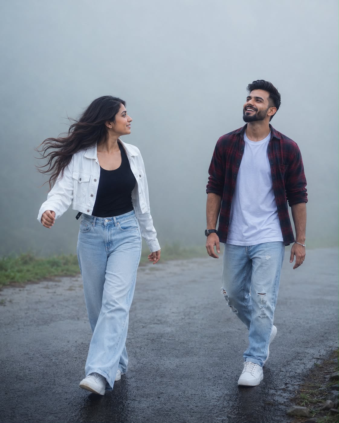 Young Indian couple walking toward each other on a wet asphalt road engulfed in  — Midjourney AI Prompt
