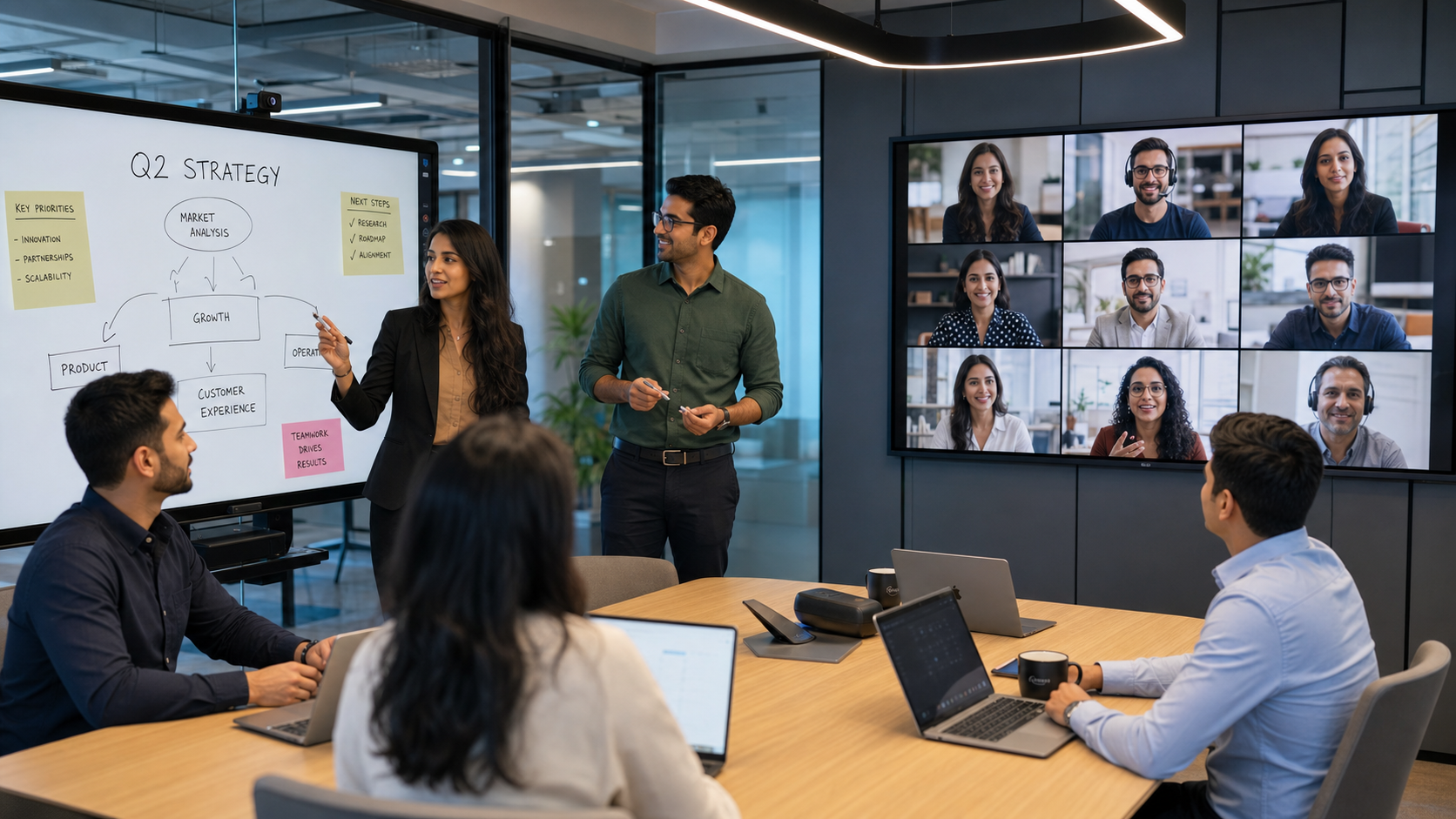 Generate a premium hybrid workplace corporate photograph using [UPLOAD TEAM PHOT — Ideogram AI Prompt