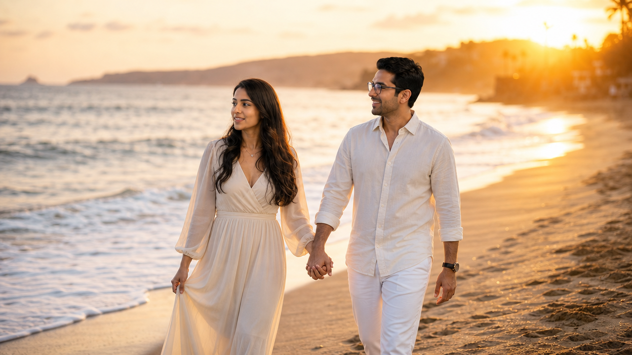 Generate a cinematic beach engagement portrait using [UPLOAD PERSON 1 PHOTO] and — Midjourney AI Prompt