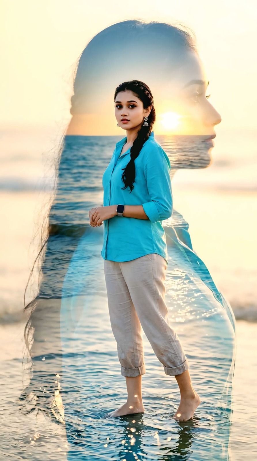 Create A photorealistic 8K double-exposure portrait of the woman from image_0.pn — Google Gemini AI Prompt