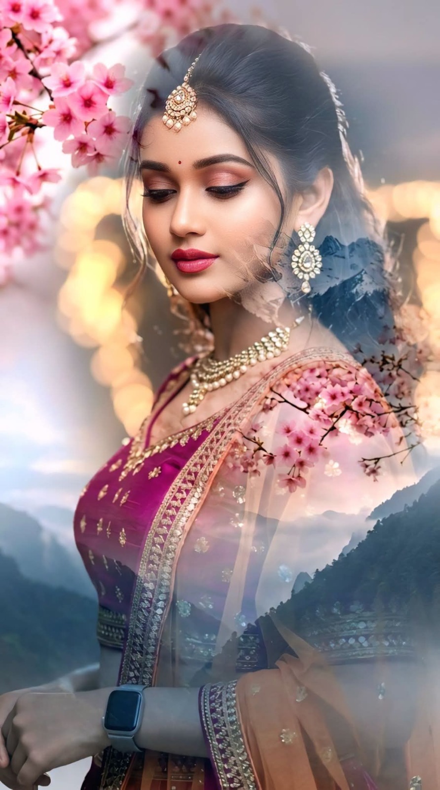 Double exposure collage of an Indian bride, seamless blend with pink cherry blos — DALL-E AI Prompt