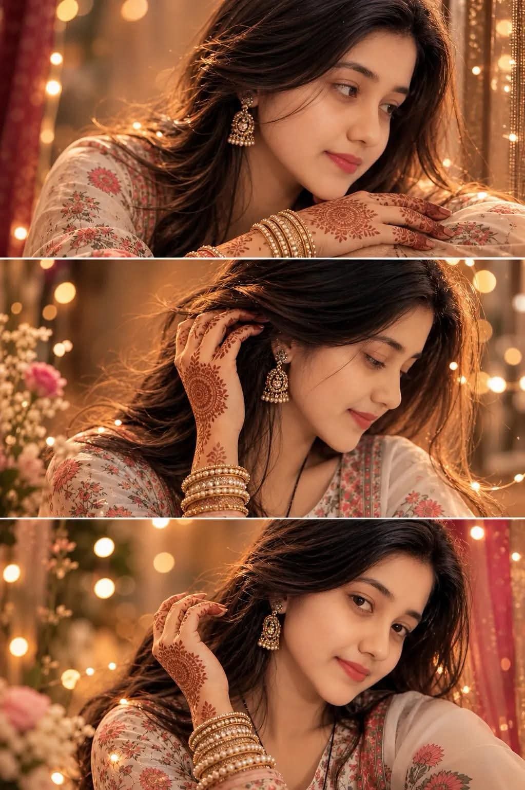 A warm-toned cinematic portrait collage of a South Asian woman in traditional at — Google Gemini AI Prompt