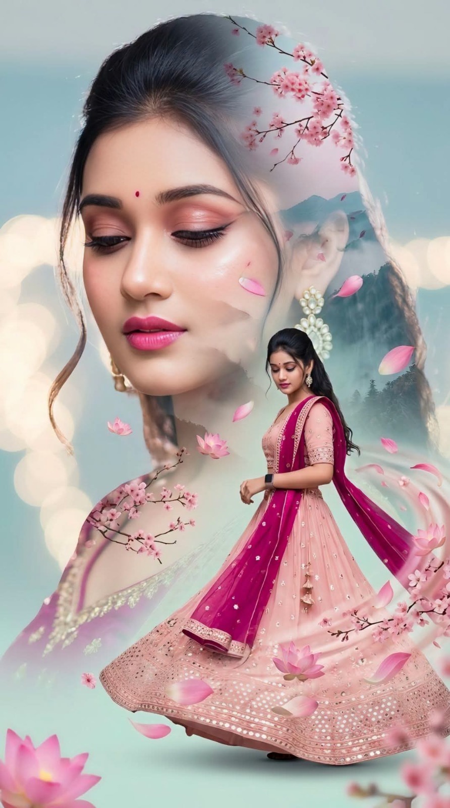 Double exposure collage of an Indian bride, seamless blend with pink cherry blos — Google Gemini AI Image Prompt