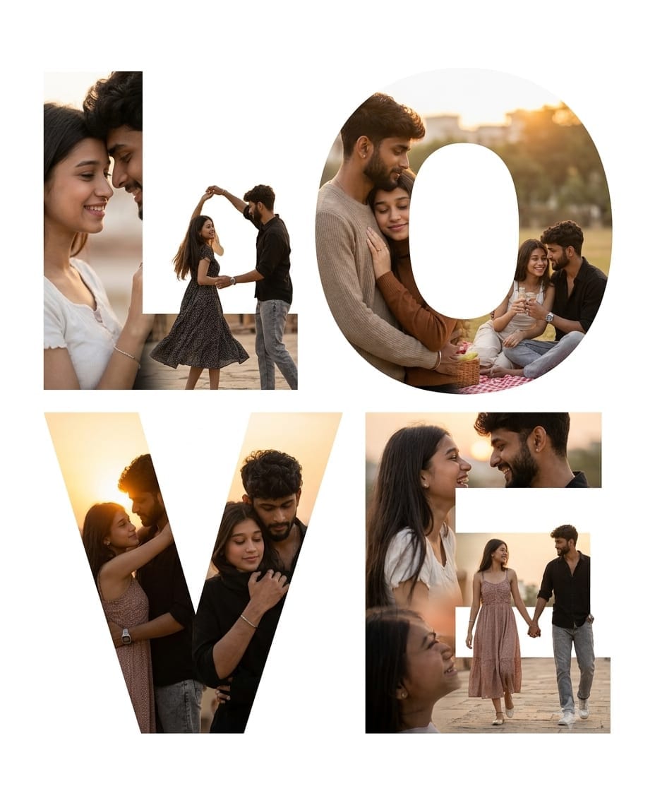 Hyper-realistic 24K minimalist romance poster with oversized LOVE letter masks c — DALL-E AI Image Prompt
