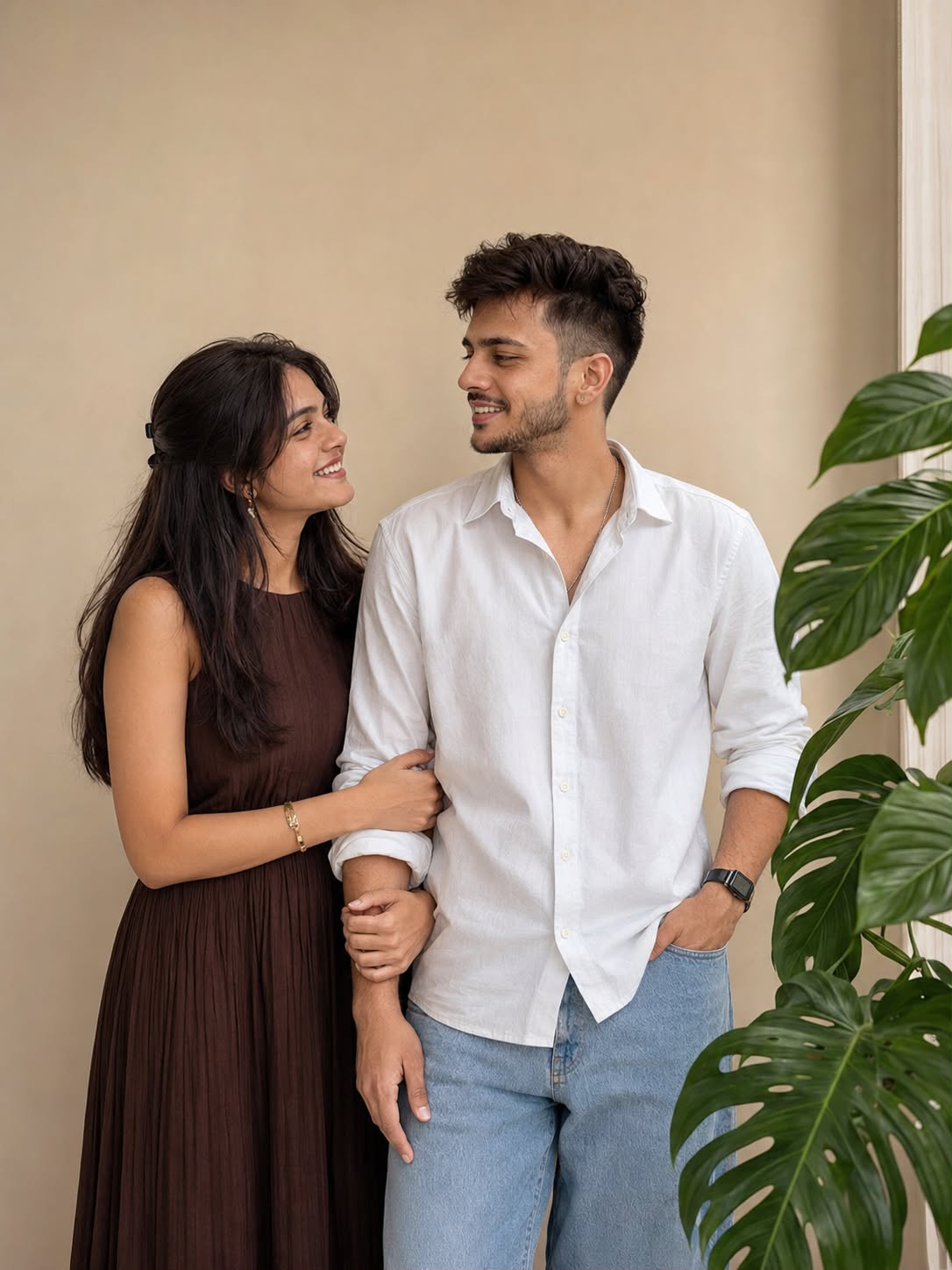A high-quality, photorealistic candid portrait of a young South Asian couple sta — DALL-E AI Image Prompt