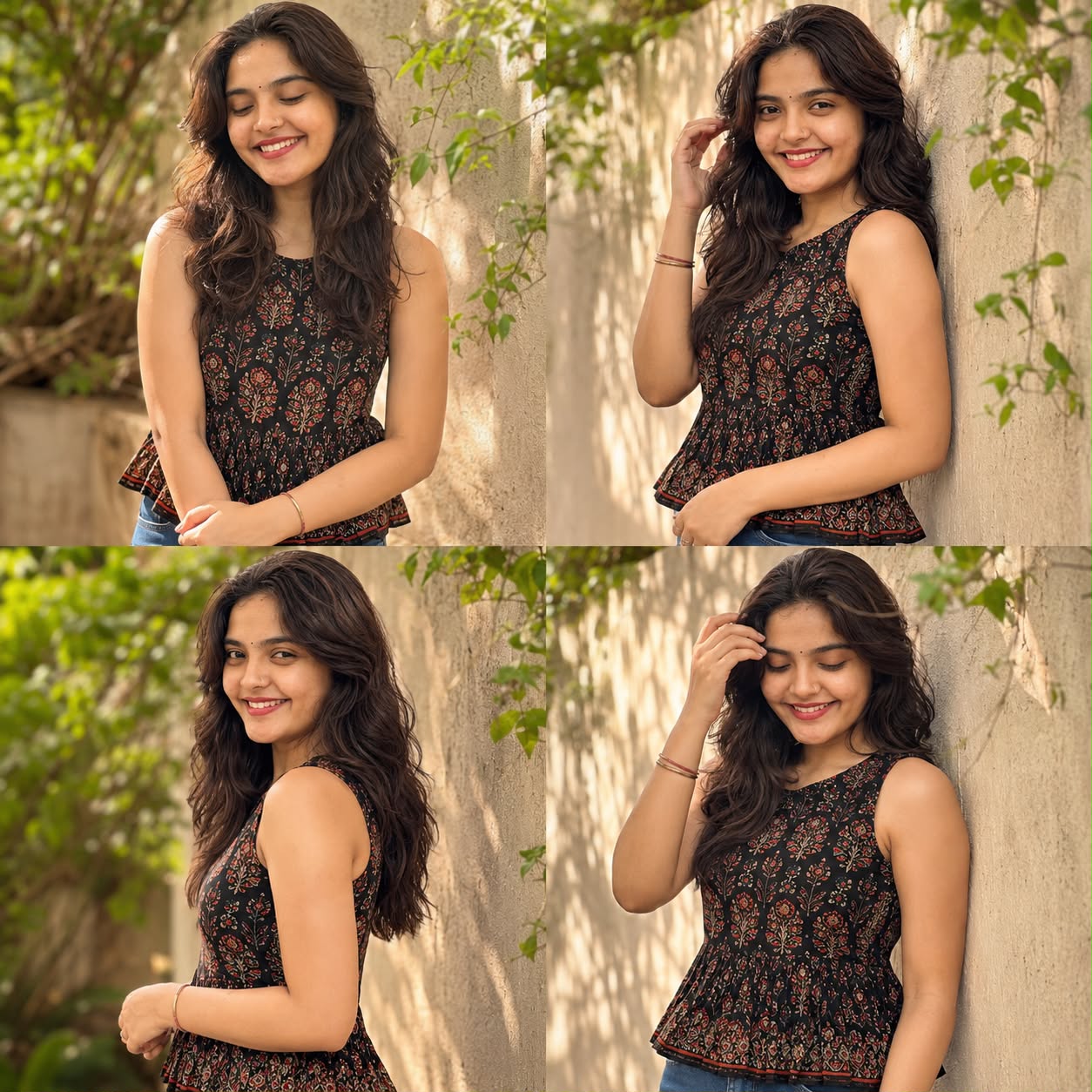 A high-quality 4-panel collage photography of a beautiful Indian woman with long — Google Gemini AI Image Prompt