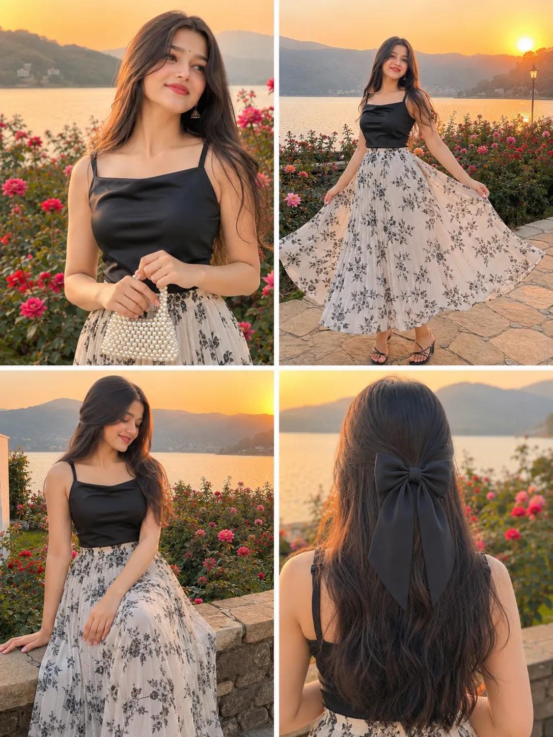 A 4-panel photo collage of the same young woman at a lakeside rose garden at gol — Google Gemini AI Image Prompt
