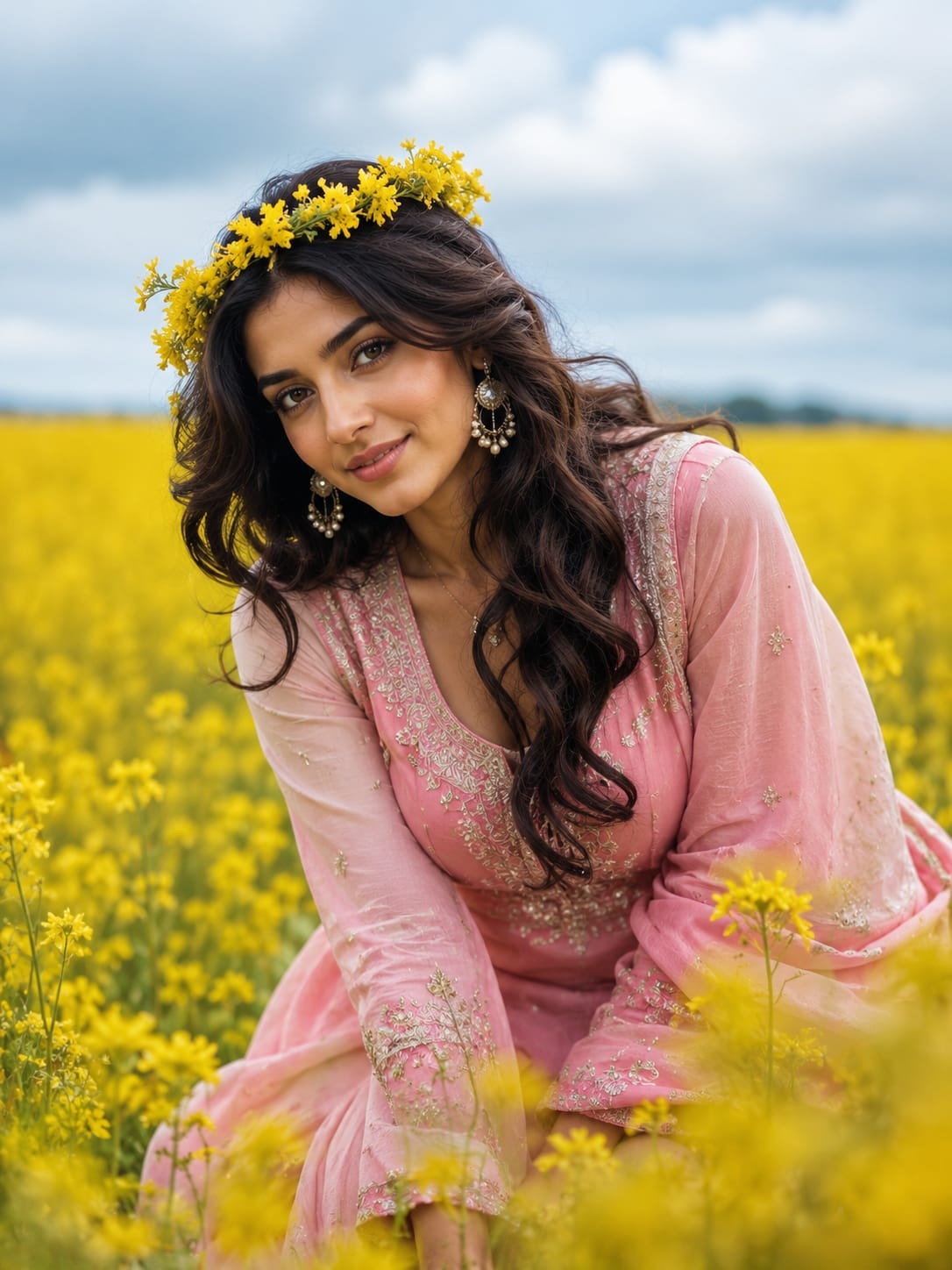 A beautiful young woman kneeling in a vibrant mustard flower field, wearing a pa — DALL-E AI Image Prompt