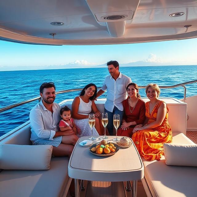 Generate a premium lifestyle family portrait aboard a luxury yacht using [UPLOAD — Ideogram AI Prompt