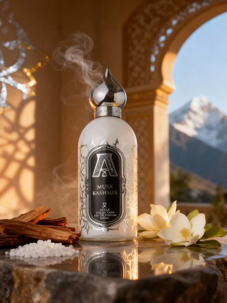 Create an ultra-premium luxury Arabian perfume advertisement set inside an opule — DALL-E AI Prompt