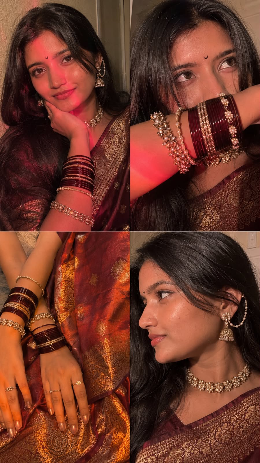 Ultra-realistic indoor iPhone 16 Pro front-camera selfie collage, 2×2 grid with  — Google Gemini AI Image Prompt